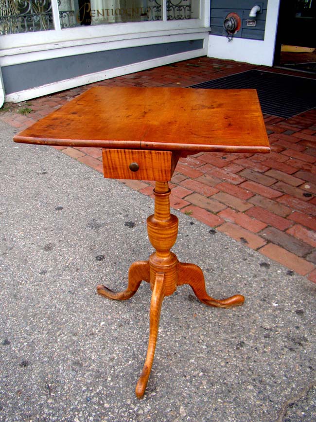 A diminutive 18th century New England Tiger Maple one-drawer stand